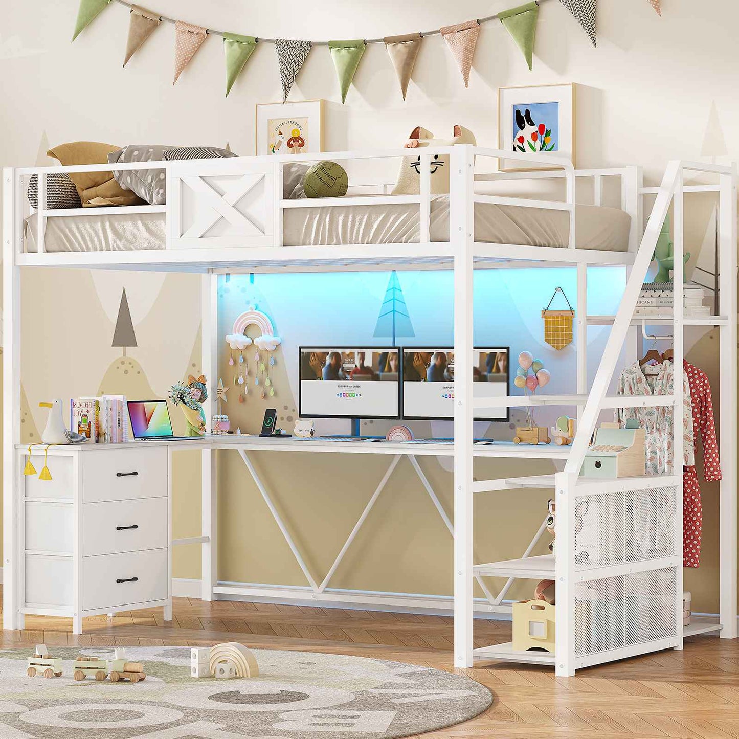 Itaar | Stairway Twin Size Loft Bed with L Shaped Desk and Wardrobe Metal Loft Bed Frame with Stairs 3 Fabric Drawers LED Lights Charging Sation