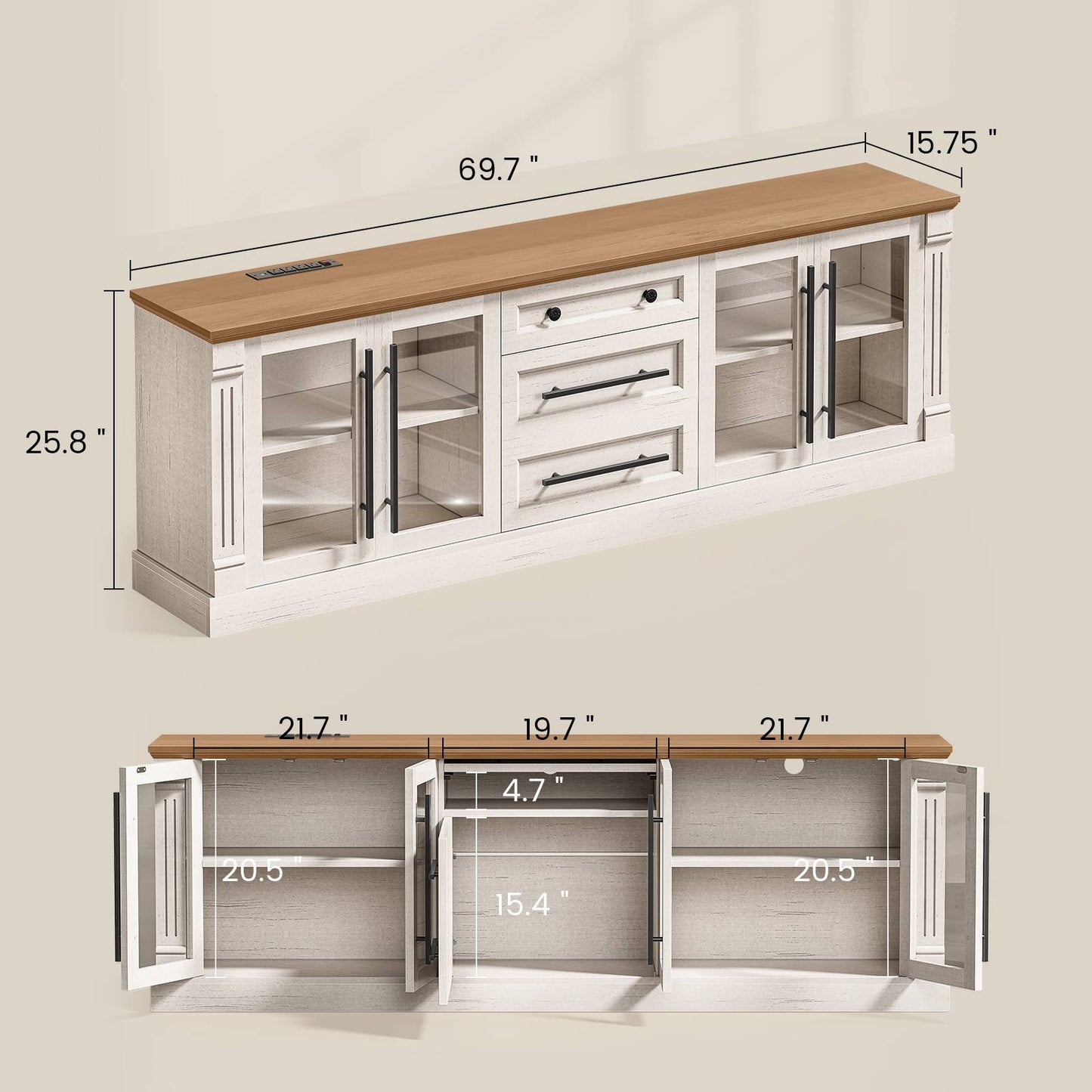 Itaar | Farmhouse TV Stands for 80 Inch TV with Storage for Living Room 3 Storage Cabinets 1 Drawer Living Room Bedroom