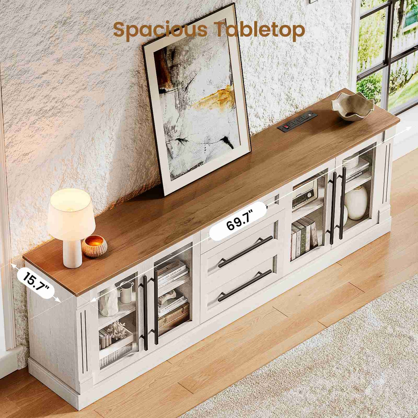 Itaar | Farmhouse TV Stands for 80 Inch TV with Storage for Living Room 3 Storage Cabinets 1 Drawer Living Room Bedroom