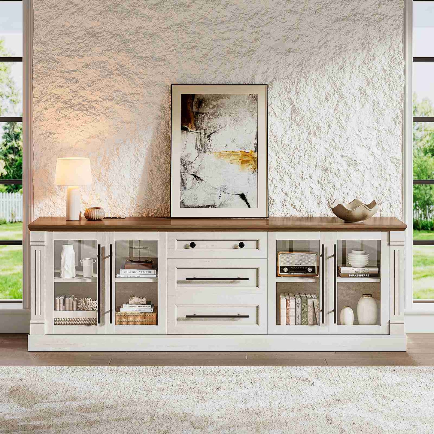 Itaar | Farmhouse TV Stands for 80 Inch TV with Storage for Living Room 3 Storage Cabinets 1 Drawer Living Room Bedroom