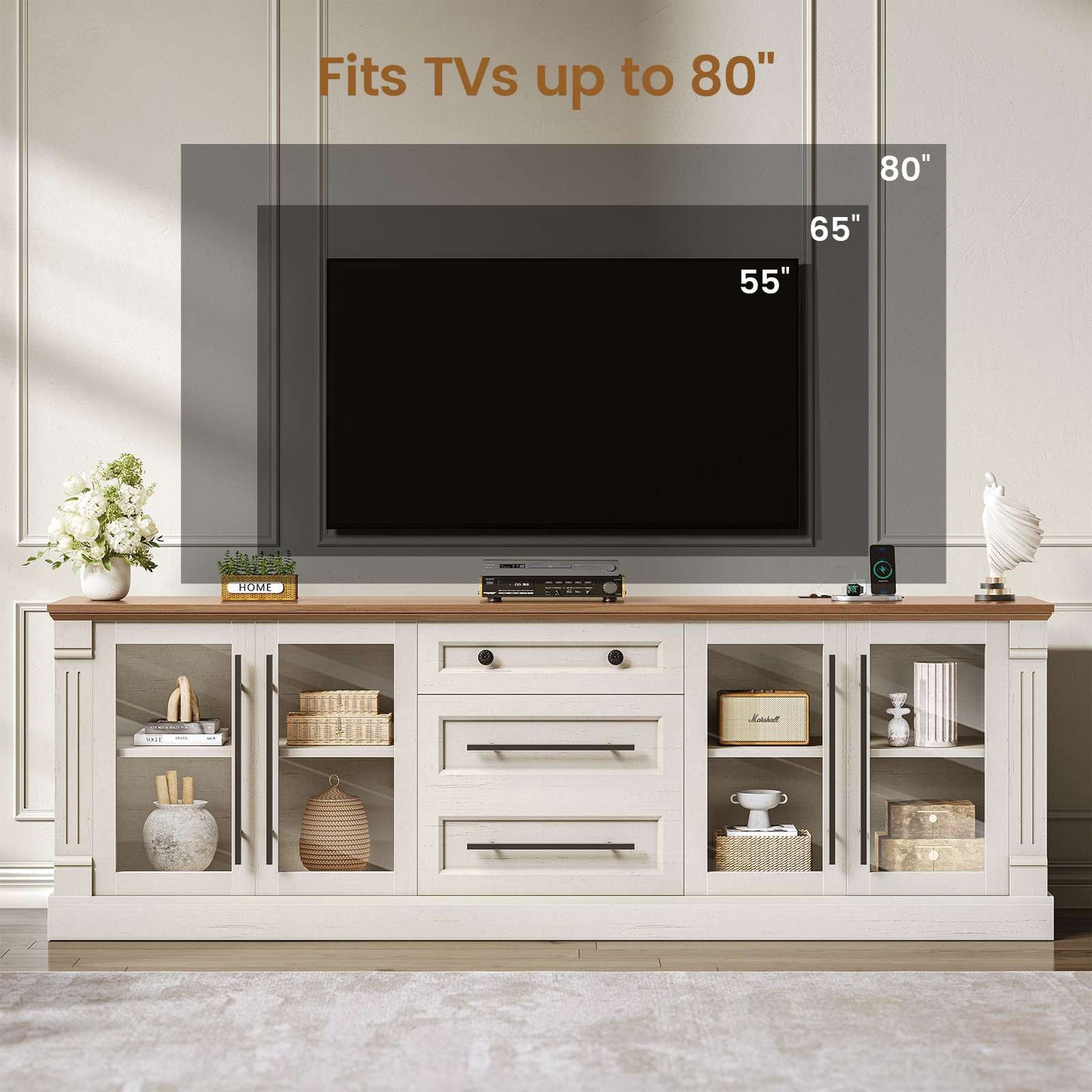 Itaar | Farmhouse TV Stands for 80 Inch TV with Storage for Living Room 3 Storage Cabinets 1 Drawer Living Room Bedroom