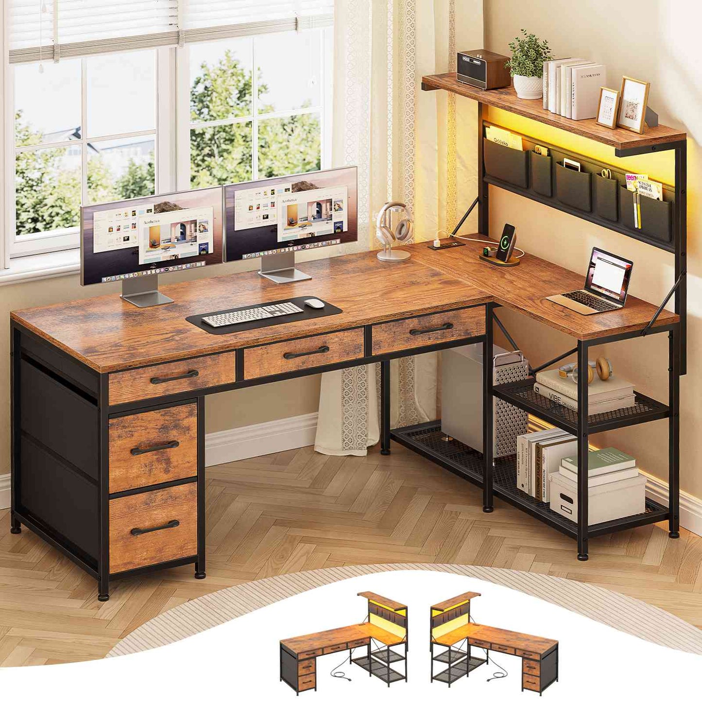 Itaar | L Shaped Desk with 5 Drawers and Storage Shelves Reversible Computer Desk with Bookshelf for Home Office Corner Gaming Desk with LED Lights