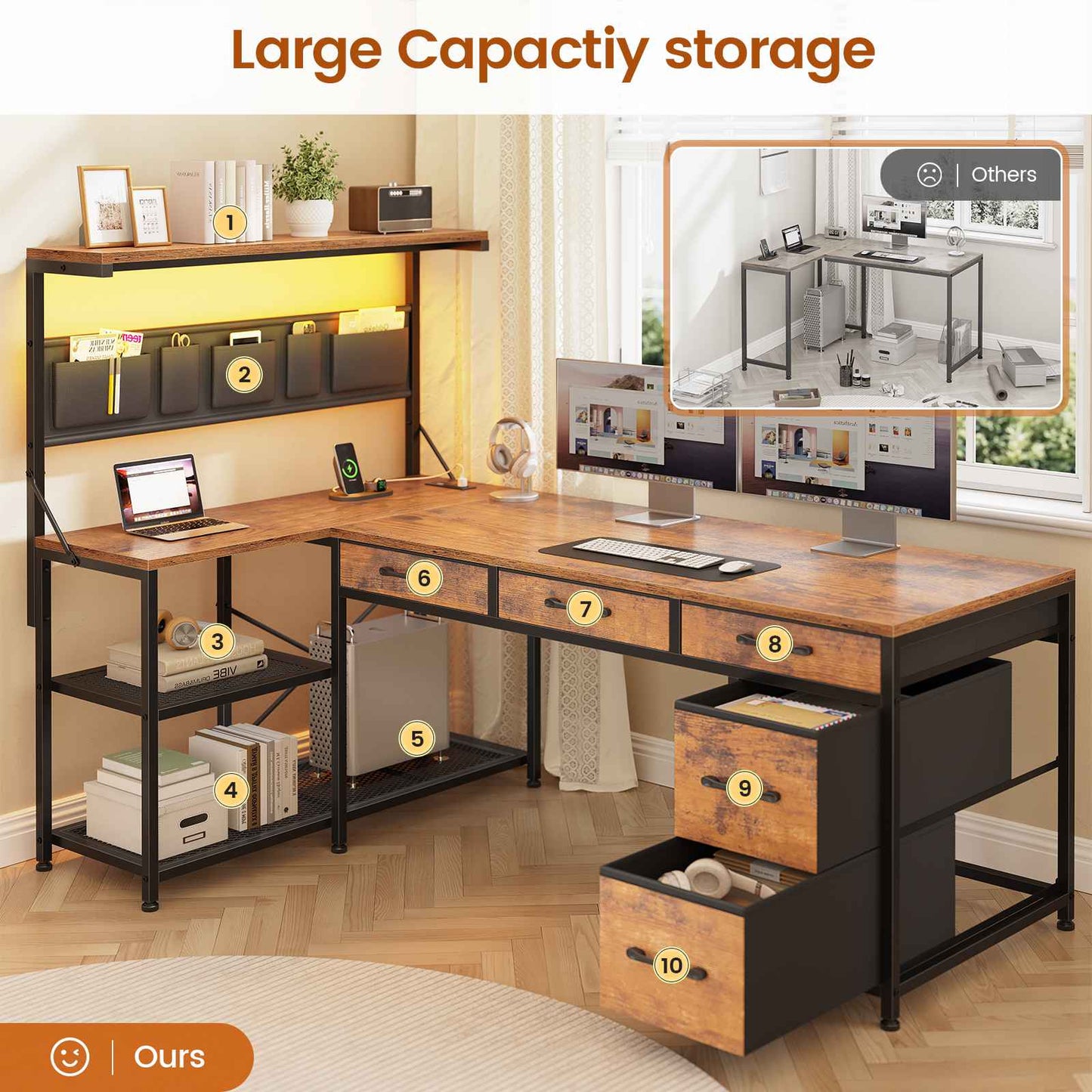 Itaar | L Shaped Desk with 5 Drawers and Storage Shelves Reversible Computer Desk with Bookshelf for Home Office Corner Gaming Desk with LED Lights