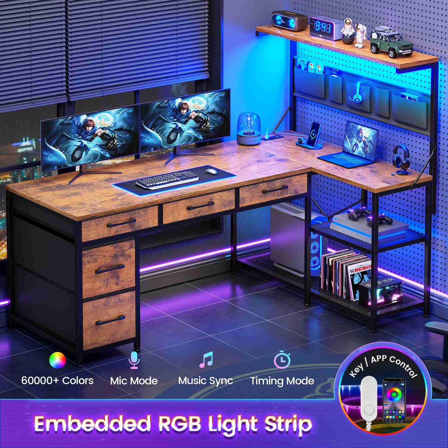 Itaar | L Shaped Desk with 5 Drawers and Storage Shelves Reversible Computer Desk with Bookshelf for Home Office Corner Gaming Desk with LED Lights