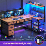 Itaar | L Shaped Desk with 5 Drawers and Storage Shelves Reversible Computer Desk with Bookshelf for Home Office Corner Gaming Desk with LED Lights
