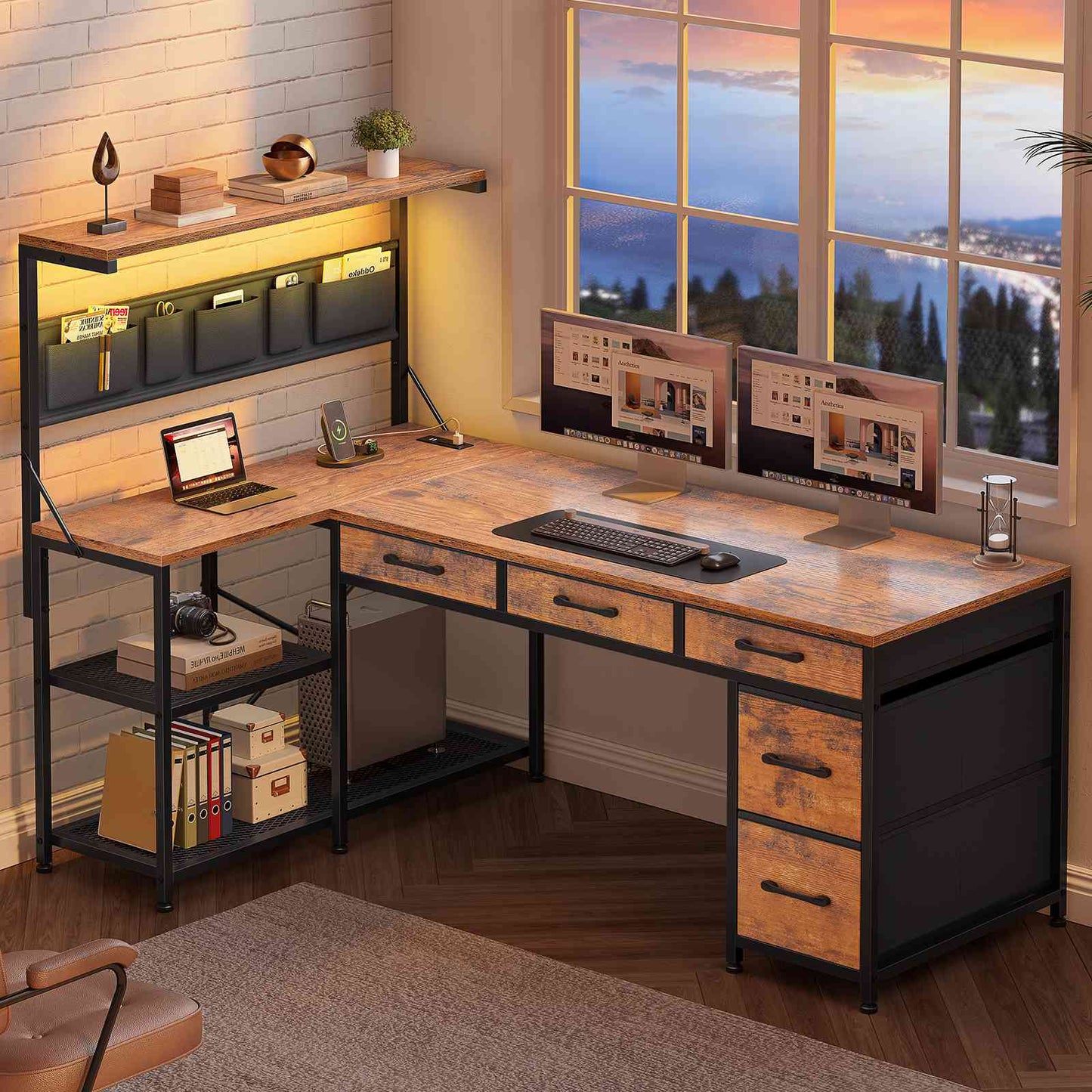 Itaar | L Shaped Desk with 5 Drawers and Storage Shelves Reversible Computer Desk with Bookshelf for Home Office Corner Gaming Desk with LED Lights