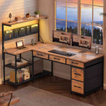 Itaar | L Shaped Desk with 5 Drawers and Storage Shelves Reversible Computer Desk with Bookshelf for Home Office Corner Gaming Desk with LED Lights