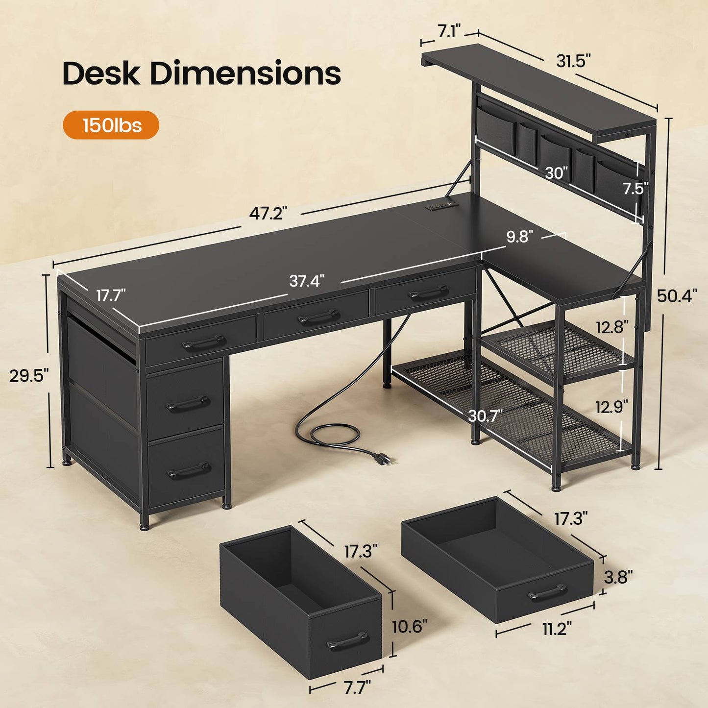 Itaar | L Shaped Desk with 5 Drawers and Storage Shelves Reversible Computer Desk with Bookshelf for Home Office Corner Gaming Desk with LED Lights