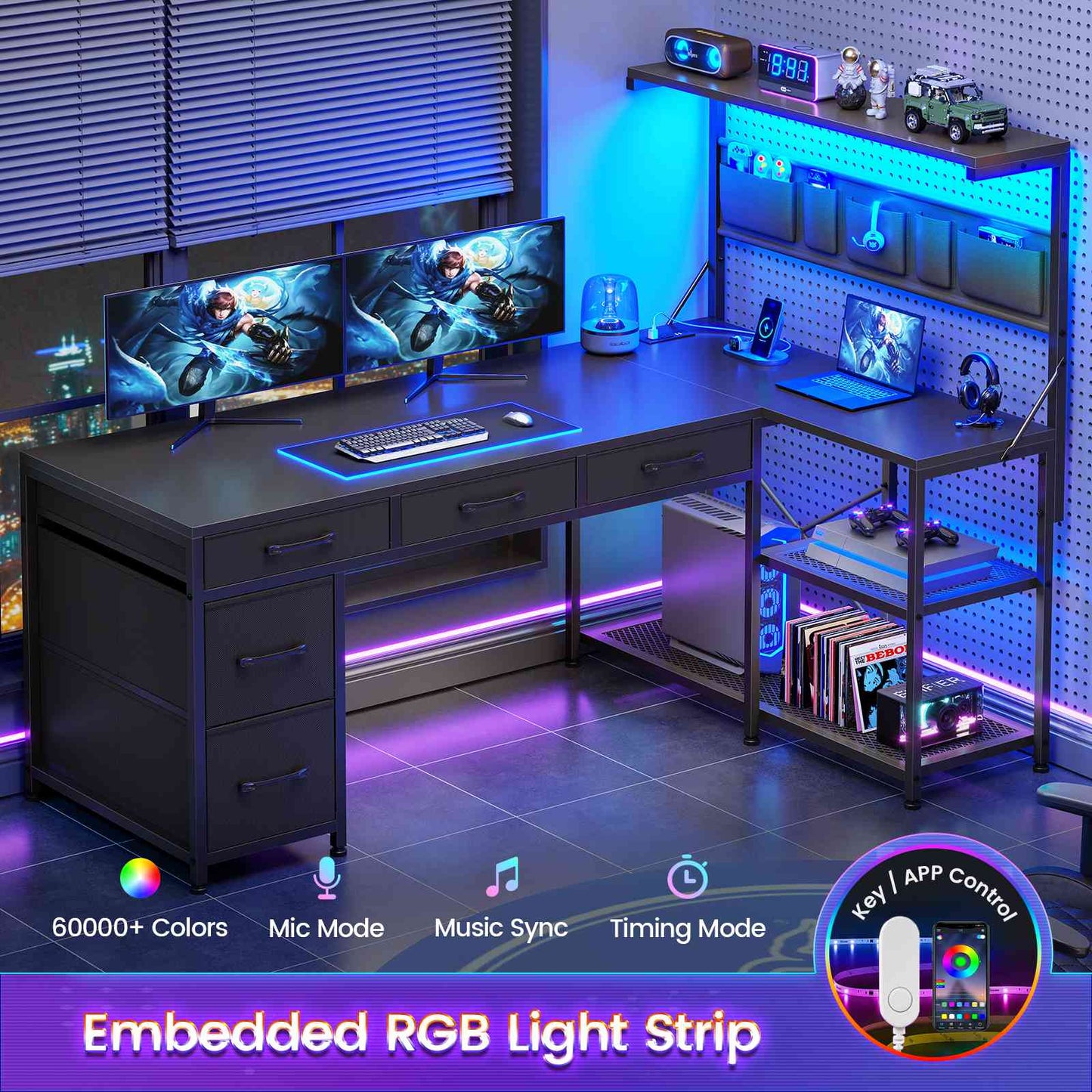 Itaar | L Shaped Desk with 5 Drawers and Storage Shelves Reversible Computer Desk with Bookshelf for Home Office Corner Gaming Desk with LED Lights