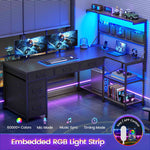 Itaar | L Shaped Desk with 5 Drawers and Storage Shelves Reversible Computer Desk with Bookshelf for Home Office Corner Gaming Desk with LED Lights