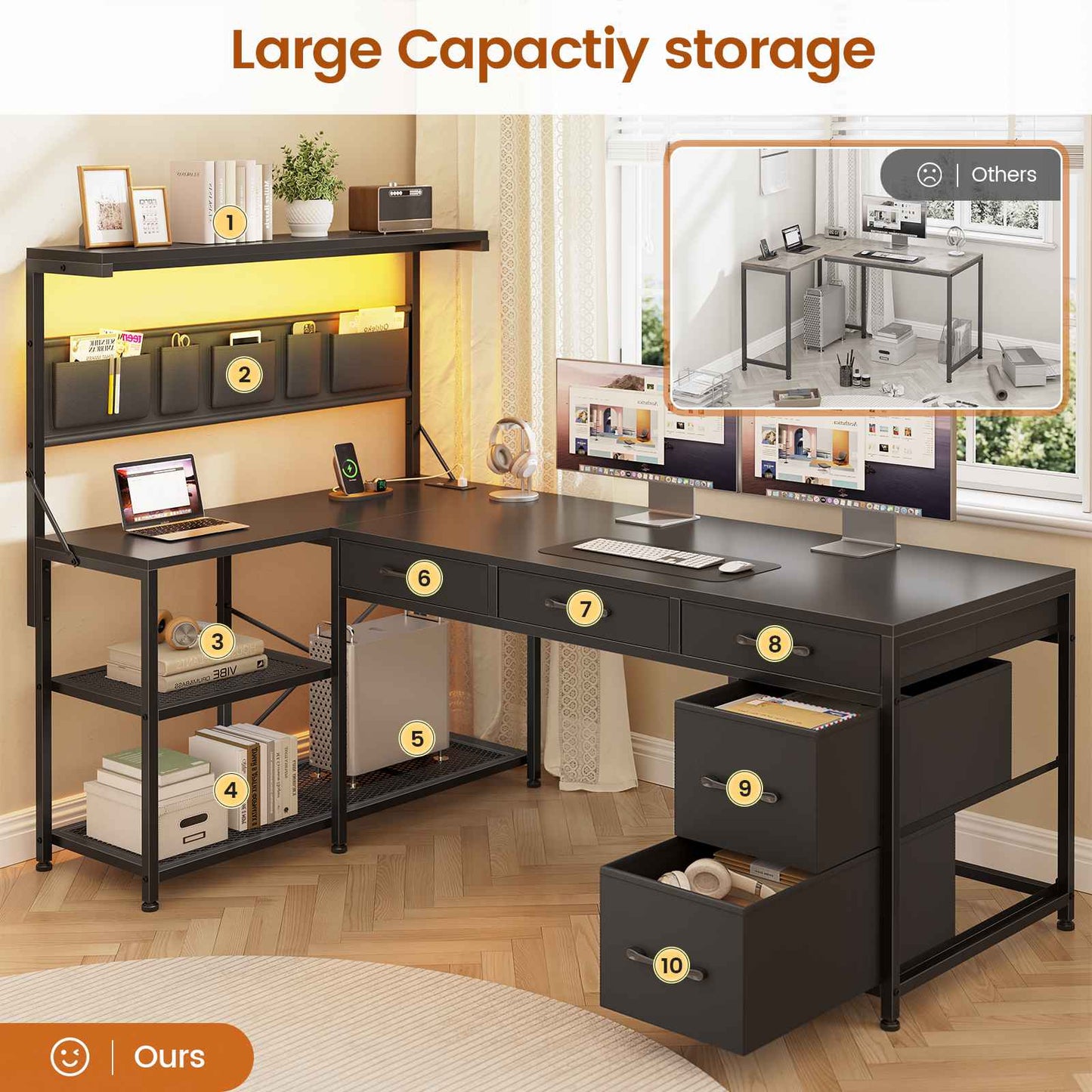 Itaar | L Shaped Desk with 5 Drawers and Storage Shelves Reversible Computer Desk with Bookshelf for Home Office Corner Gaming Desk with LED Lights