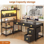 Itaar | L Shaped Desk with 5 Drawers and Storage Shelves Reversible Computer Desk with Bookshelf for Home Office Corner Gaming Desk with LED Lights