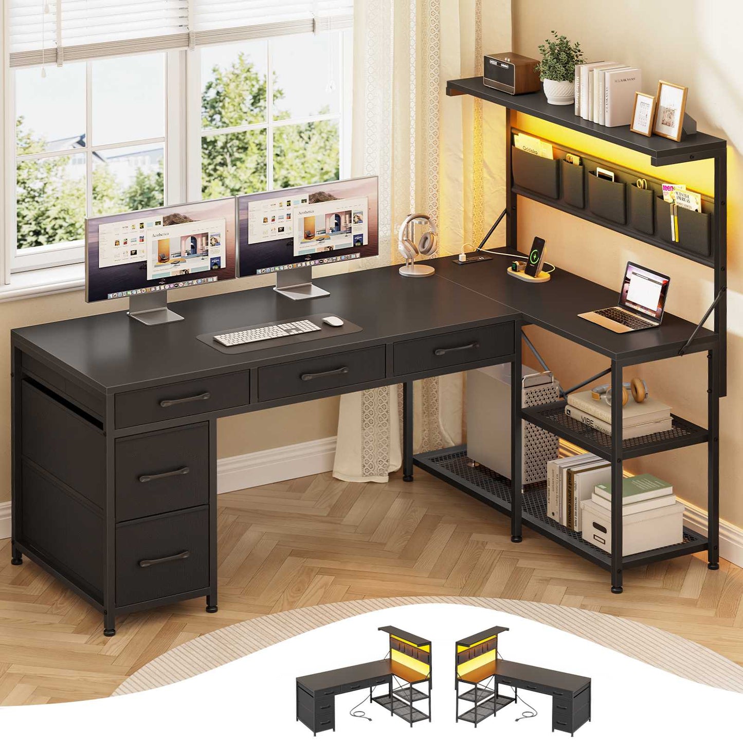 Itaar | L Shaped Desk with 5 Drawers and Storage Shelves Reversible Computer Desk with Bookshelf for Home Office Corner Gaming Desk with LED Lights