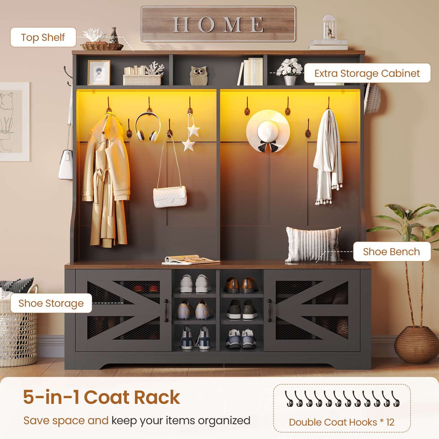 Itaar | Hall Tree with Bench and Shoe Storage 5 in 1 Entryway Bench with Coat Rack 16 Shoe Cubbies 12 Coat Hooks Barn Door Adjustable Shelf