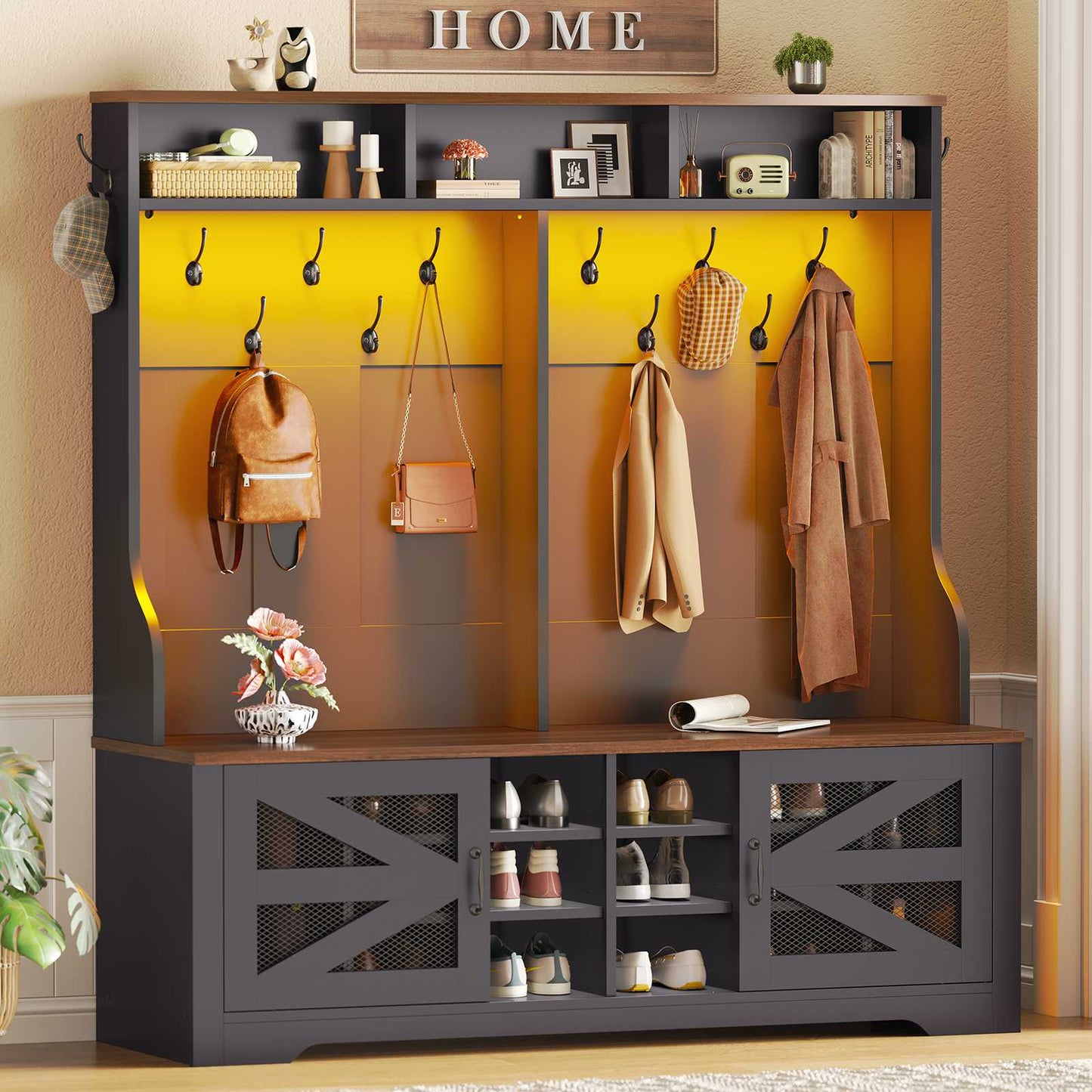 Itaar | Hall Tree with Bench and Shoe Storage 5 in 1 Entryway Bench with Coat Rack 16 Shoe Cubbies 12 Coat Hooks Barn Door Adjustable Shelf