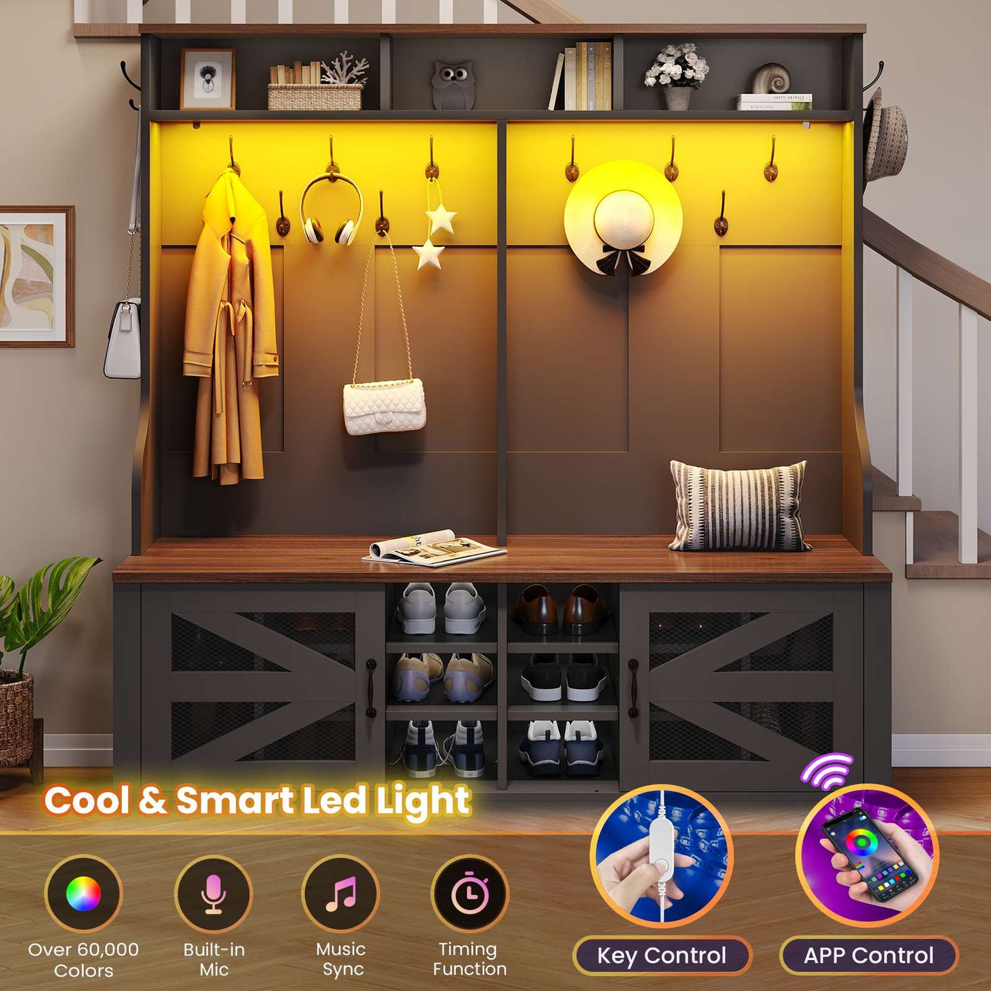Itaar | Hall Tree with Bench and Shoe Storage 5 in 1 Entryway Bench with Coat Rack 16 Shoe Cubbies 12 Coat Hooks Barn Door Adjustable Shelf