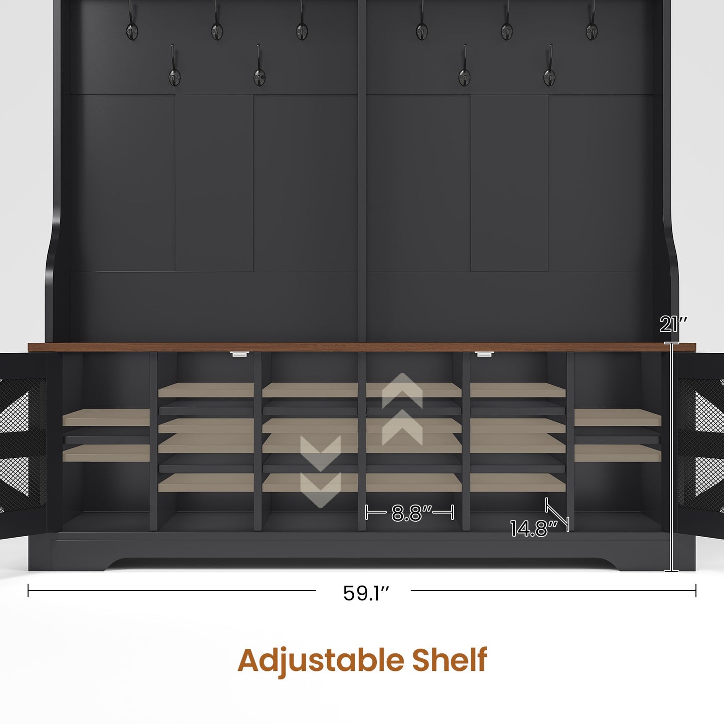 Itaar | Hall Tree with Bench and Shoe Storage 5 in 1 Entryway Bench with Coat Rack 16 Shoe Cubbies 12 Coat Hooks Barn Door Adjustable Shelf