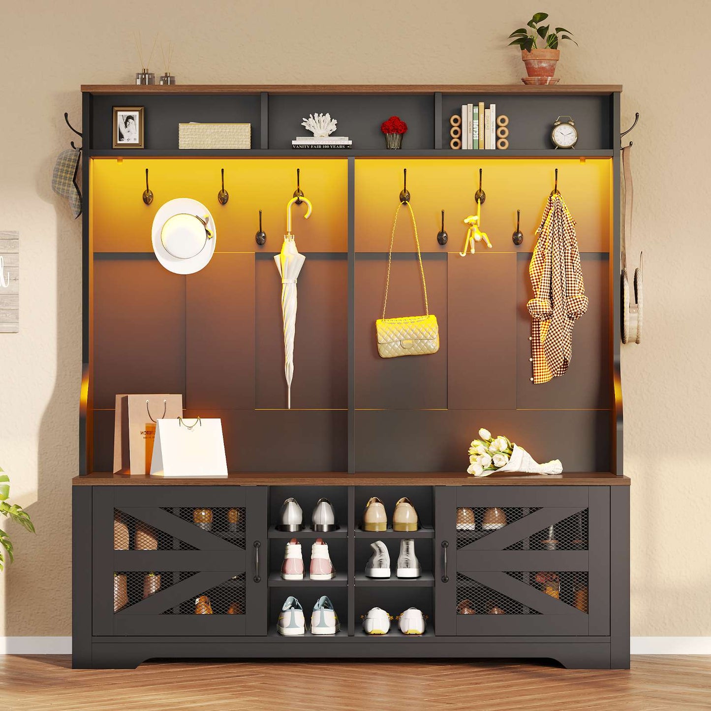 Itaar | Hall Tree with Bench and Shoe Storage 5 in 1 Entryway Bench with Coat Rack 16 Shoe Cubbies 12 Coat Hooks Barn Door Adjustable Shelf
