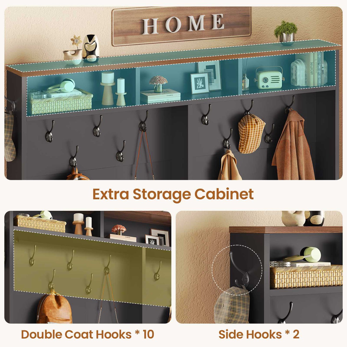 Itaar | Hall Tree with Bench and Shoe Storage 5 in 1 Entryway Bench with Coat Rack 16 Shoe Cubbies 12 Coat Hooks Barn Door Adjustable Shelf