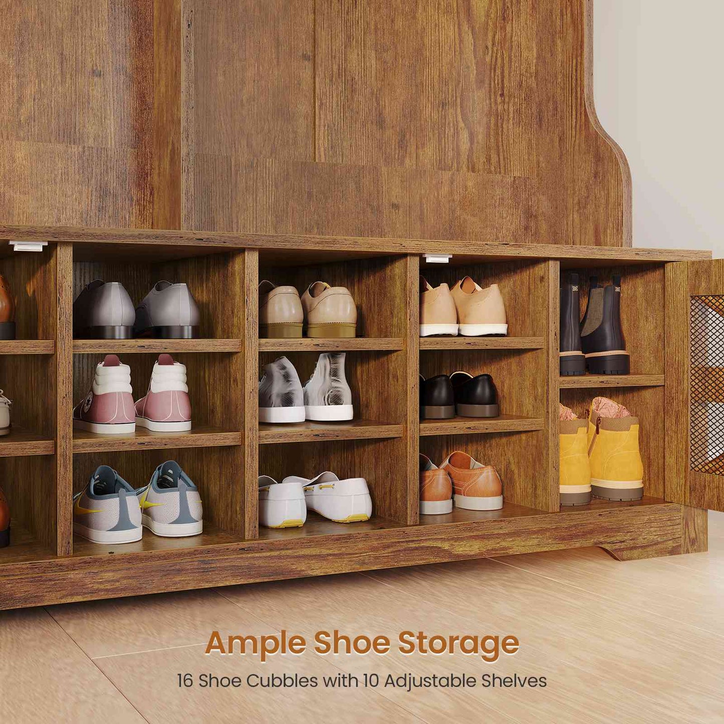 Itaar | Hall Tree with Bench and Shoe Storage 5 in 1 Entryway Bench with Coat Rack 16 Shoe Cubbies 12 Coat Hooks Barn Door Adjustable Shelf