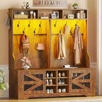 Itaar | Hall Tree with Bench and Shoe Storage 5 in 1 Entryway Bench with Coat Rack 16 Shoe Cubbies 12 Coat Hooks Barn Door Adjustable Shelf