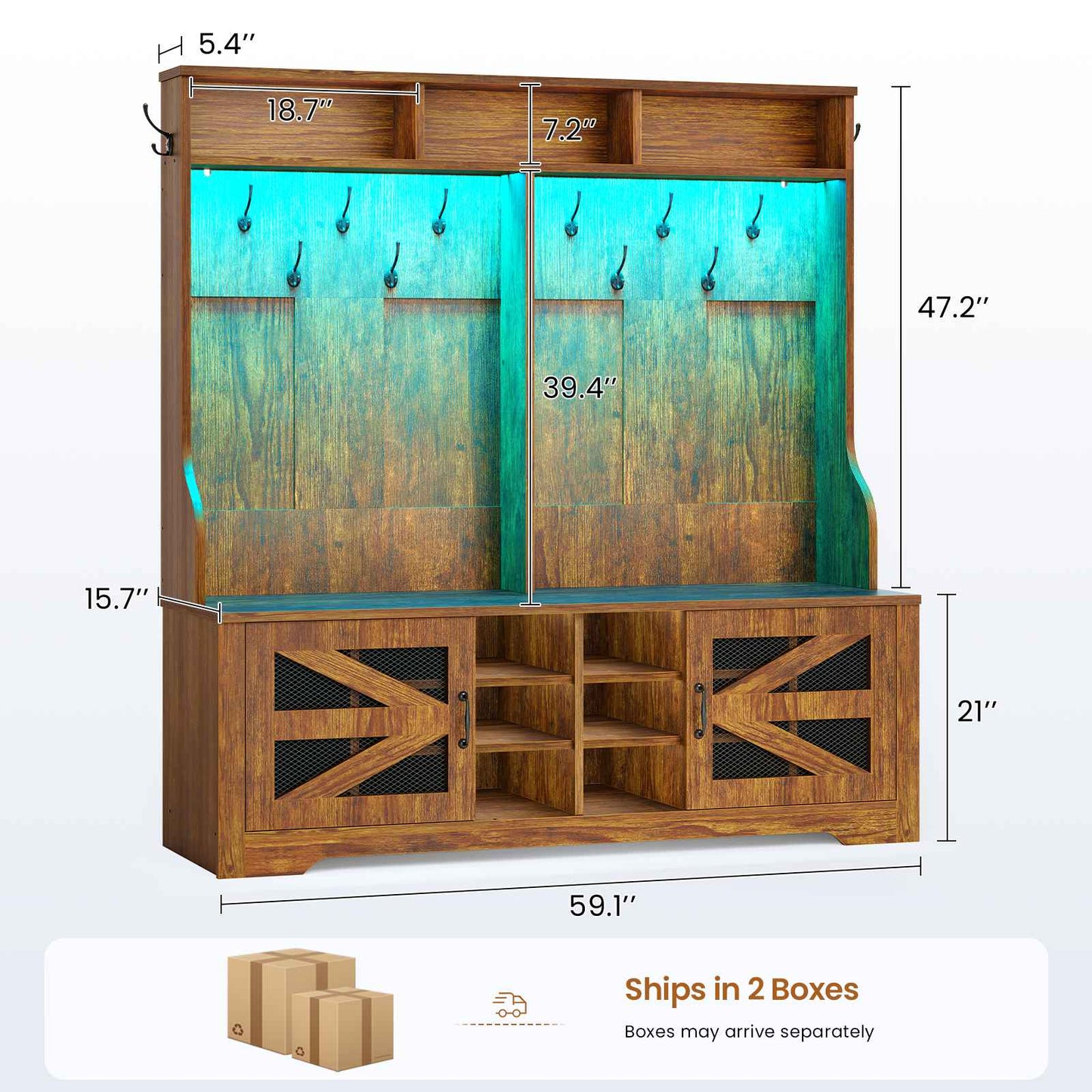 Itaar | Hall Tree with Bench and Shoe Storage 5 in 1 Entryway Bench with Coat Rack 16 Shoe Cubbies 12 Coat Hooks Barn Door Adjustable Shelf