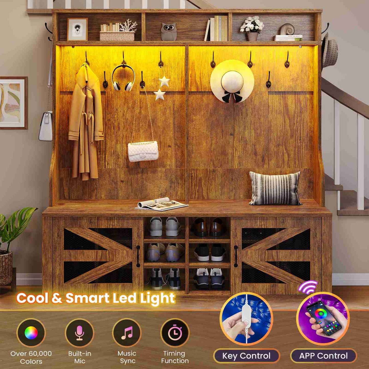 Itaar | Hall Tree with Bench and Shoe Storage 5 in 1 Entryway Bench with Coat Rack 16 Shoe Cubbies 12 Coat Hooks Barn Door Adjustable Shelf