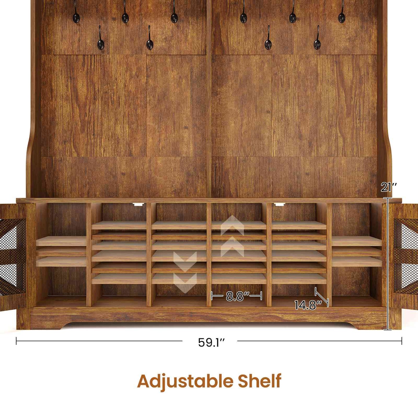 Itaar | Hall Tree with Bench and Shoe Storage 5 in 1 Entryway Bench with Coat Rack 16 Shoe Cubbies 12 Coat Hooks Barn Door Adjustable Shelf