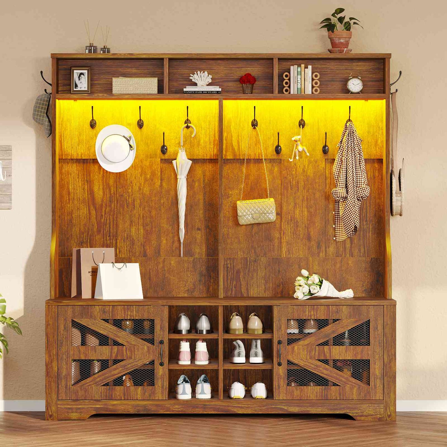 Itaar | Hall Tree with Bench and Shoe Storage 5 in 1 Entryway Bench with Coat Rack 16 Shoe Cubbies 12 Coat Hooks Barn Door Adjustable Shelf