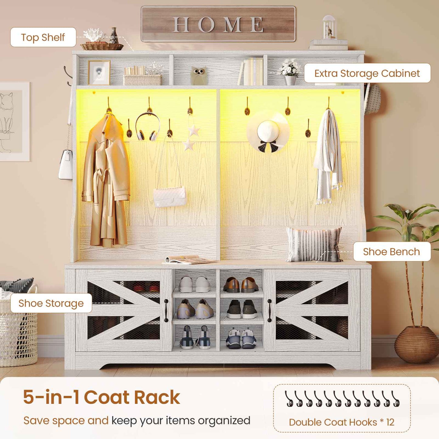 Itaar | Hall Tree with Bench and Shoe Storage 5 in 1 Entryway Bench with Coat Rack 16 Shoe Cubbies 12 Coat Hooks Barn Door Adjustable Shelf
