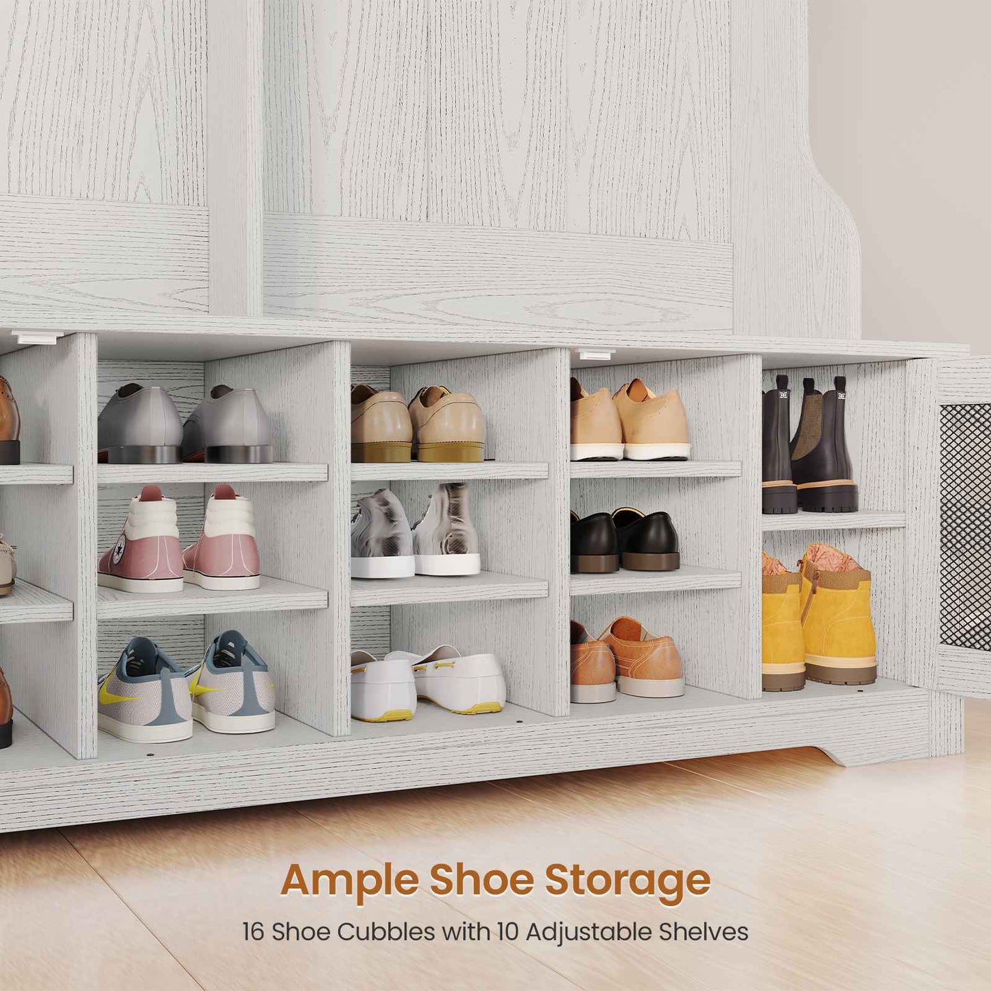 Itaar | Hall Tree with Bench and Shoe Storage 5 in 1 Entryway Bench with Coat Rack 16 Shoe Cubbies 12 Coat Hooks Barn Door Adjustable Shelf