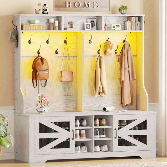 Itaar | Hall Tree with Bench and Shoe Storage 5 in 1 Entryway Bench with Coat Rack 16 Shoe Cubbies 12 Coat Hooks Barn Door Adjustable Shelf