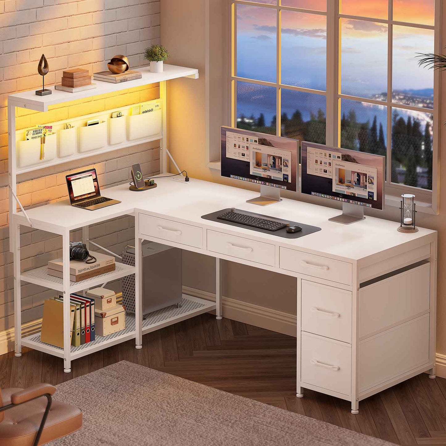 Itaar | L Shaped Desk with 5 Drawers and Storage Shelves Reversible Computer Desk with Bookshelf for Home Office Corner Gaming Desk with LED Lights