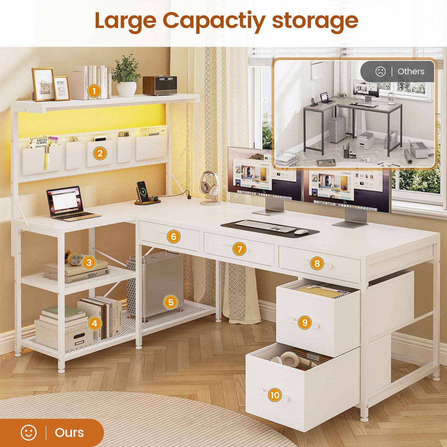 Itaar | L Shaped Desk with 5 Drawers and Storage Shelves Reversible Computer Desk with Bookshelf for Home Office Corner Gaming Desk with LED Lights