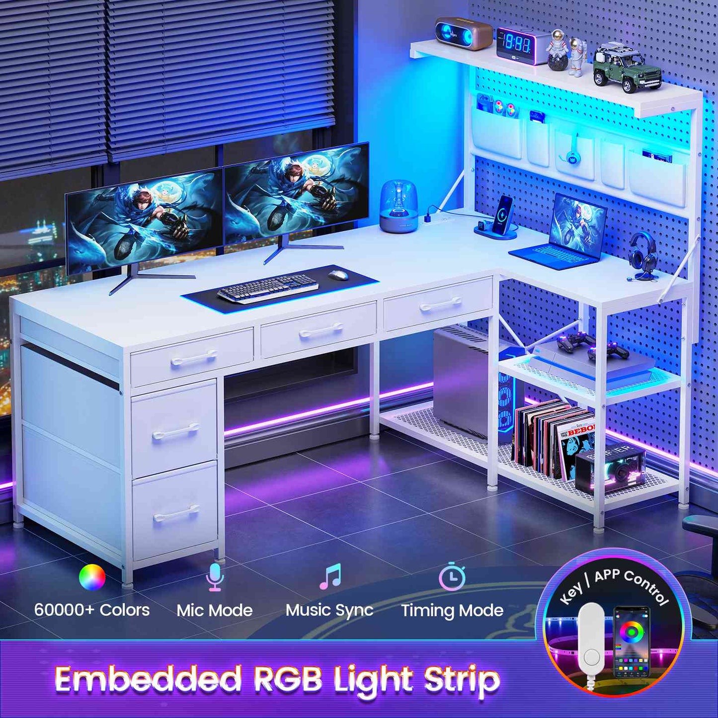 Itaar | L Shaped Desk with 5 Drawers and Storage Shelves Reversible Computer Desk with Bookshelf for Home Office Corner Gaming Desk with LED Lights