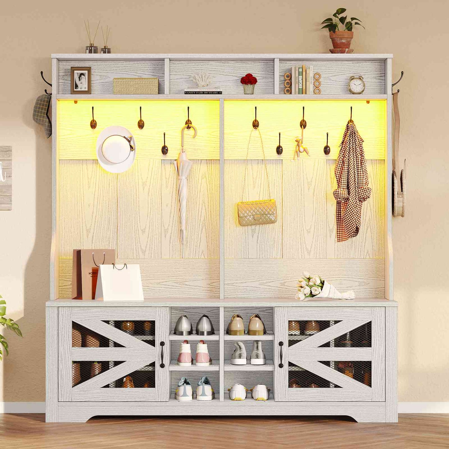 Itaar | Hall Tree with Bench and Shoe Storage 5 in 1 Entryway Bench with Coat Rack 16 Shoe Cubbies 12 Coat Hooks Barn Door Adjustable Shelf