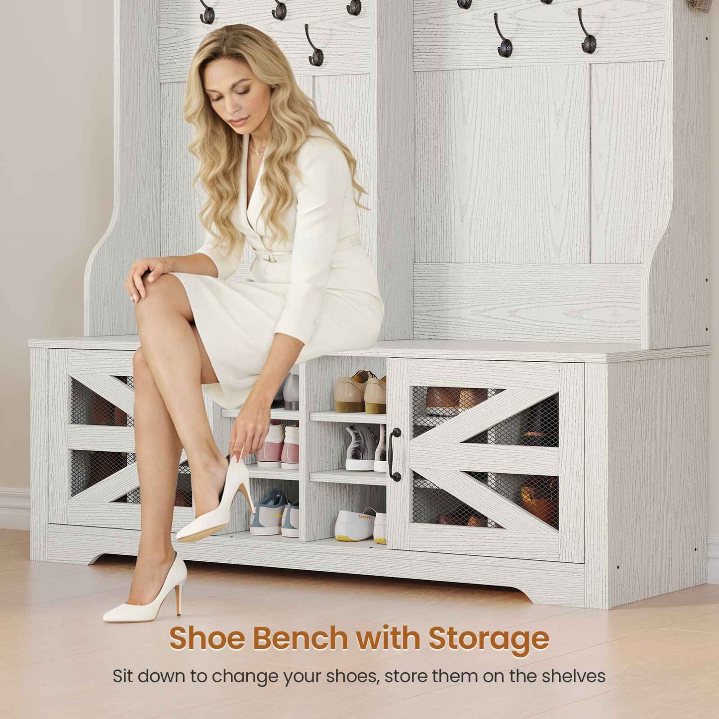 Itaar | Hall Tree with Bench and Shoe Storage 5 in 1 Entryway Bench with Coat Rack 16 Shoe Cubbies 12 Coat Hooks Barn Door Adjustable Shelf