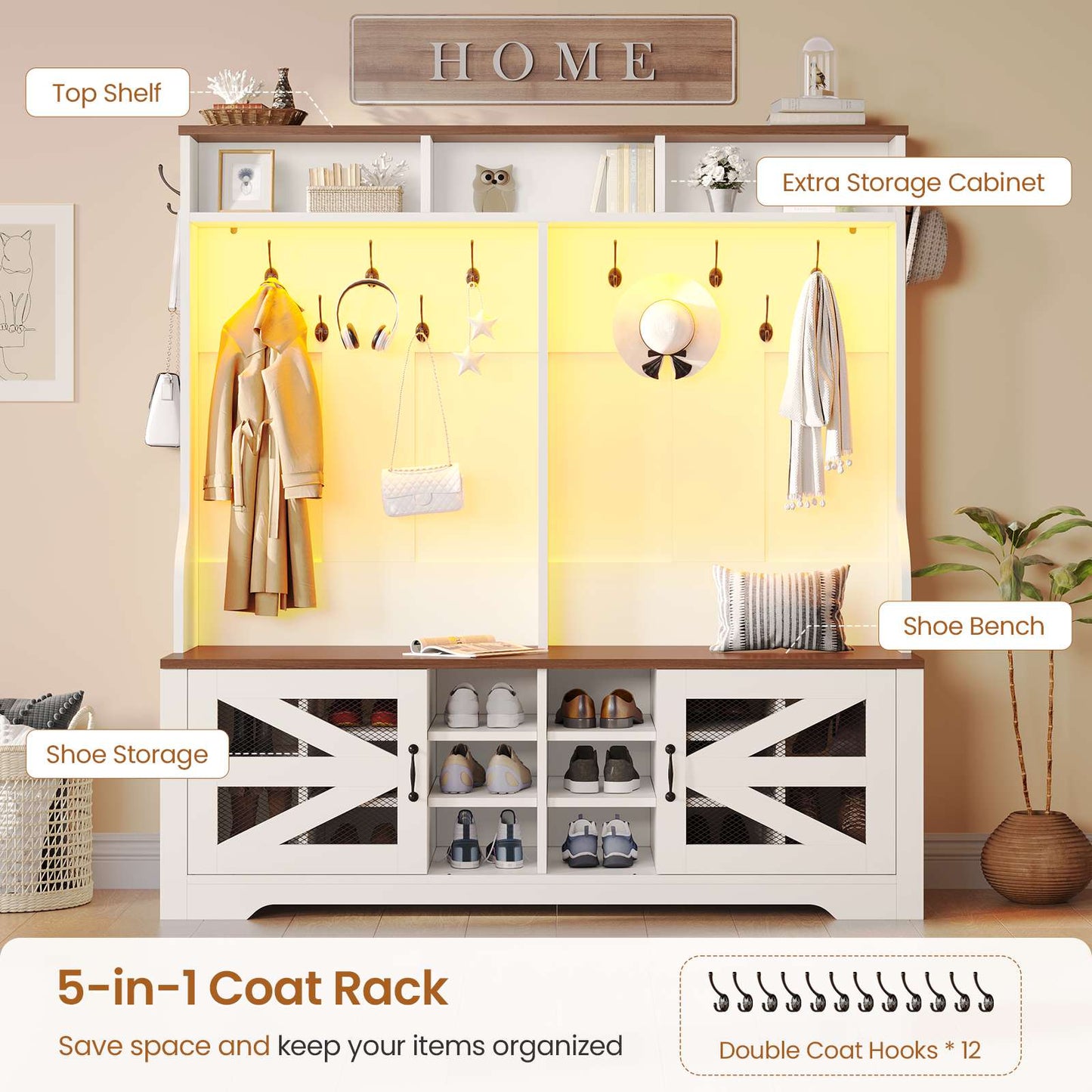 Itaar | Hall Tree with Bench and Shoe Storage 5 in 1 Entryway Bench with Coat Rack 16 Shoe Cubbies 12 Coat Hooks Barn Door Adjustable Shelf