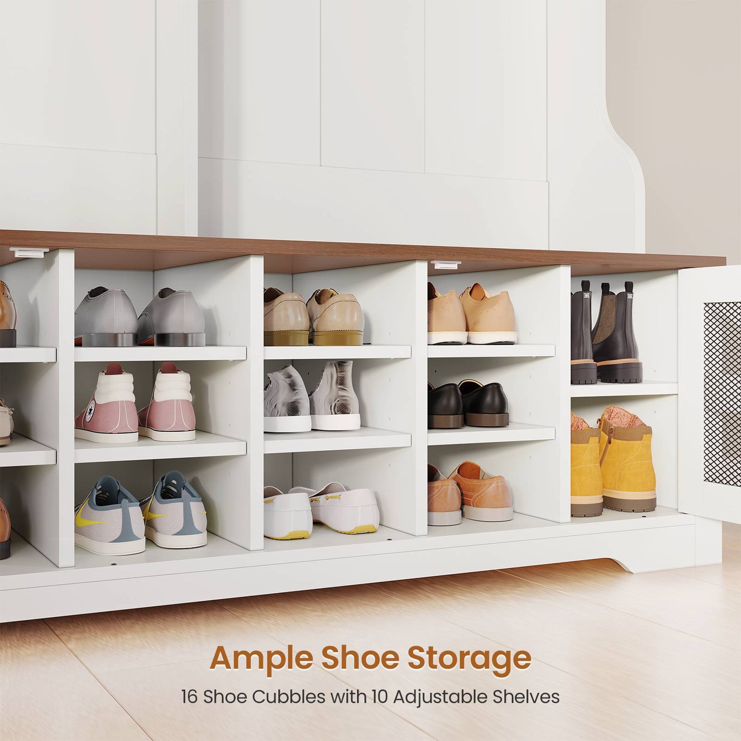 Itaar | Hall Tree with Bench and Shoe Storage 5 in 1 Entryway Bench with Coat Rack 16 Shoe Cubbies 12 Coat Hooks Barn Door Adjustable Shelf