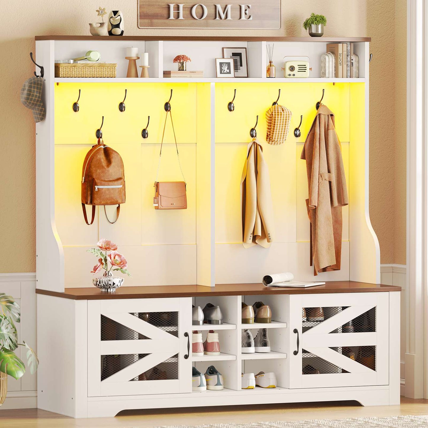 Itaar | Hall Tree with Bench and Shoe Storage 5 in 1 Entryway Bench with Coat Rack 16 Shoe Cubbies 12 Coat Hooks Barn Door Adjustable Shelf
