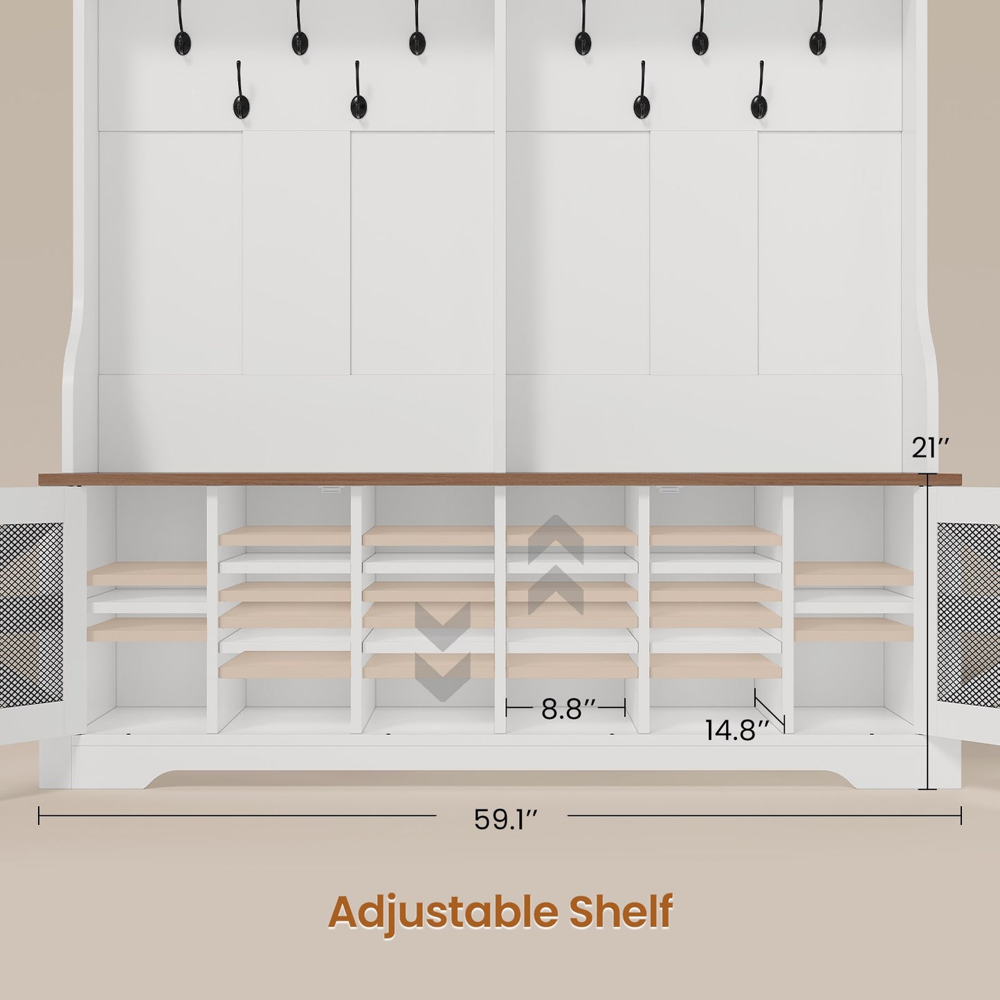 Itaar | Hall Tree with Bench and Shoe Storage 5 in 1 Entryway Bench with Coat Rack 16 Shoe Cubbies 12 Coat Hooks Barn Door Adjustable Shelf
