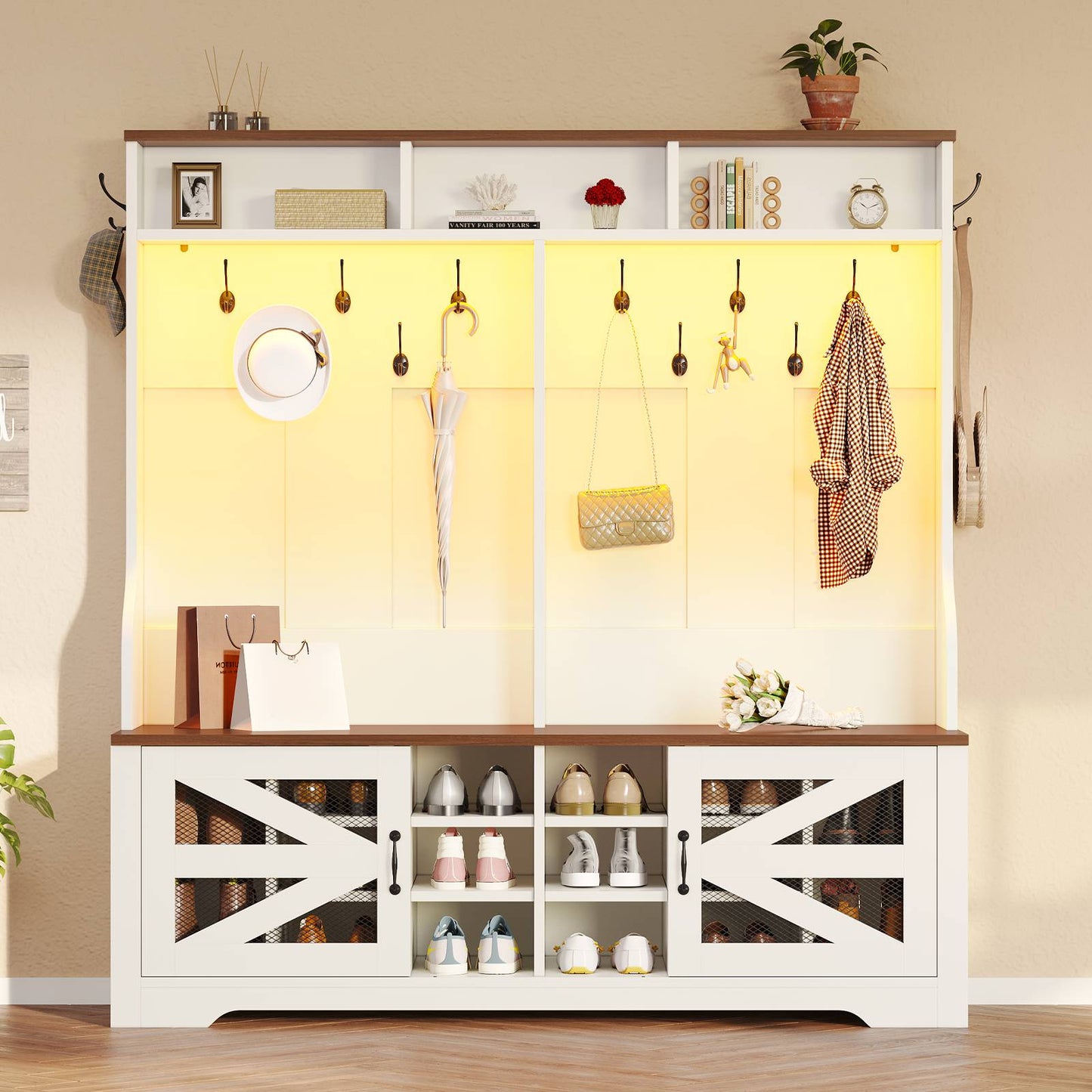 Itaar | Hall Tree with Bench and Shoe Storage 5 in 1 Entryway Bench with Coat Rack 16 Shoe Cubbies 12 Coat Hooks Barn Door Adjustable Shelf
