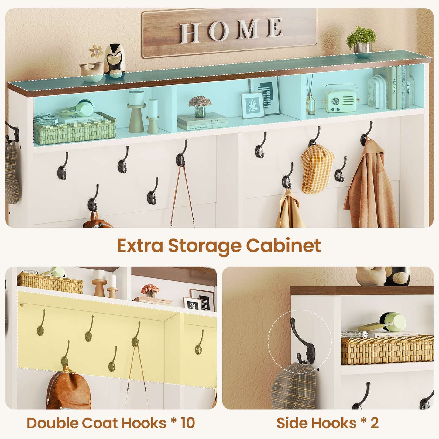 Itaar | Hall Tree with Bench and Shoe Storage 5 in 1 Entryway Bench with Coat Rack 16 Shoe Cubbies 12 Coat Hooks Barn Door Adjustable Shelf