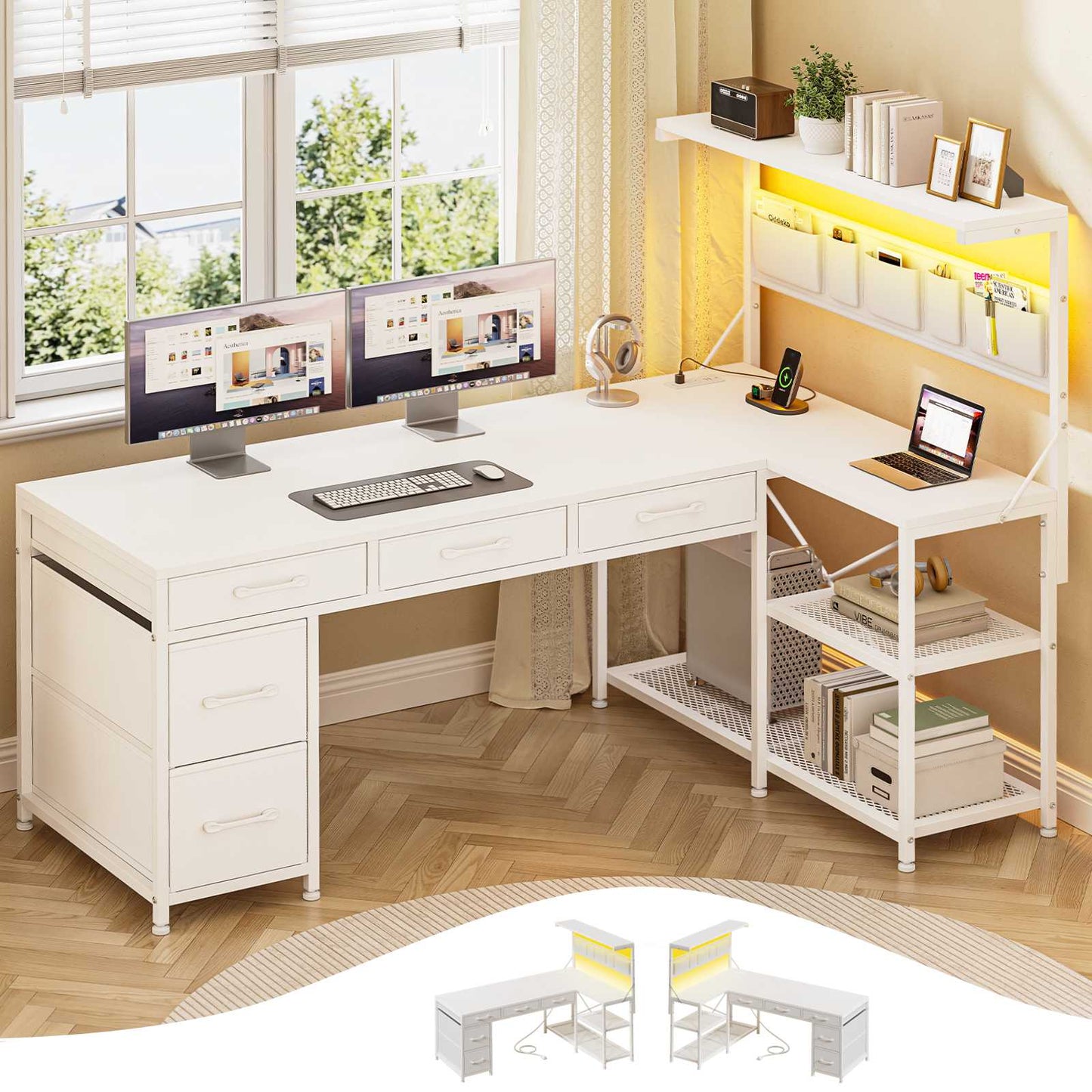 Itaar | L Shaped Desk with 5 Drawers and Storage Shelves Reversible Computer Desk with Bookshelf for Home Office Corner Gaming Desk with LED Lights