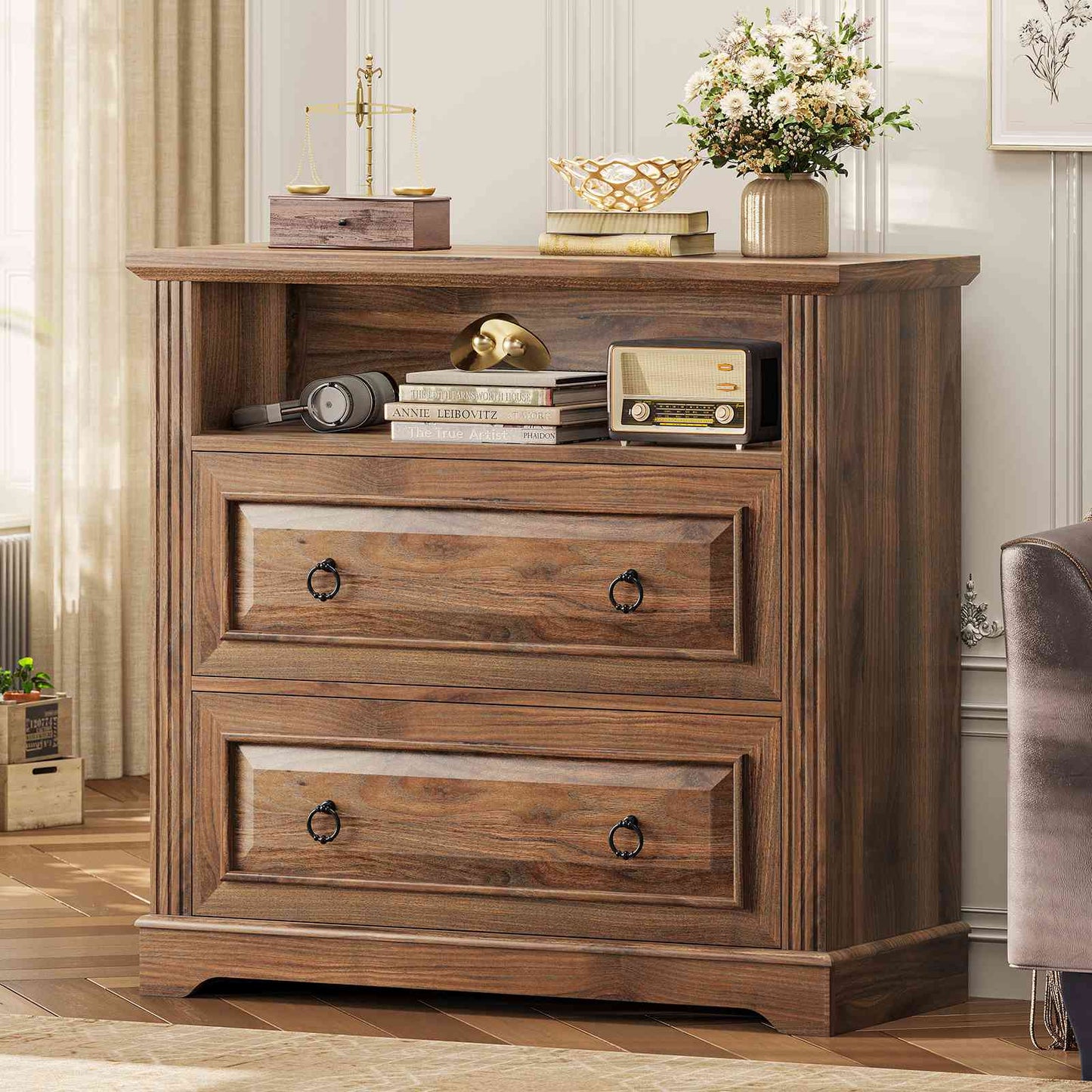 Itaar | 2 Drawer File Cabinet Farmhouse Filing Cabinet for Home Office Fits Letter Legal A4 Size Wood Lateral File Cabinet with Printer Stand