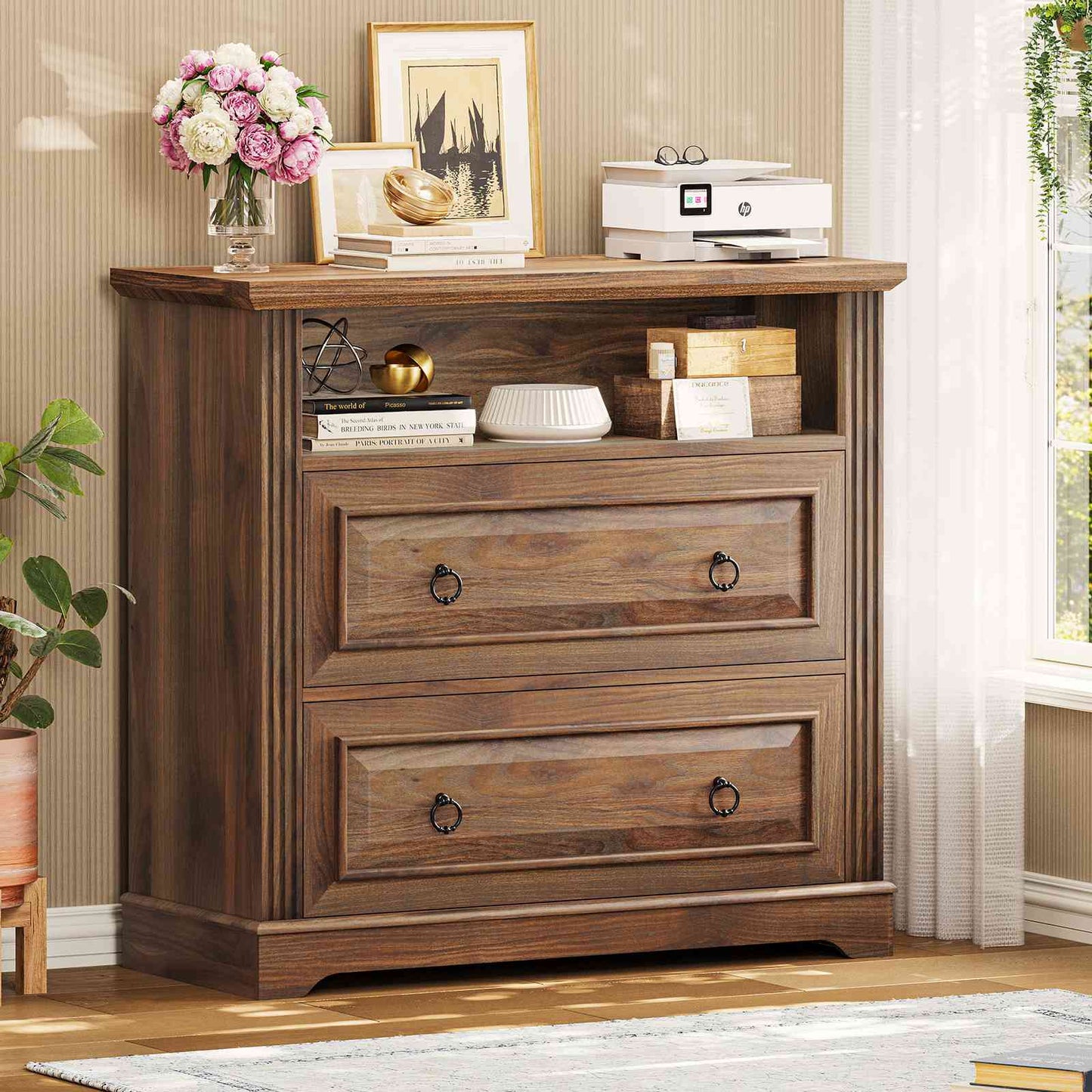 Itaar | 2 Drawer File Cabinet Farmhouse Filing Cabinet for Home Office Fits Letter Legal A4 Size Wood Lateral File Cabinet with Printer Stand