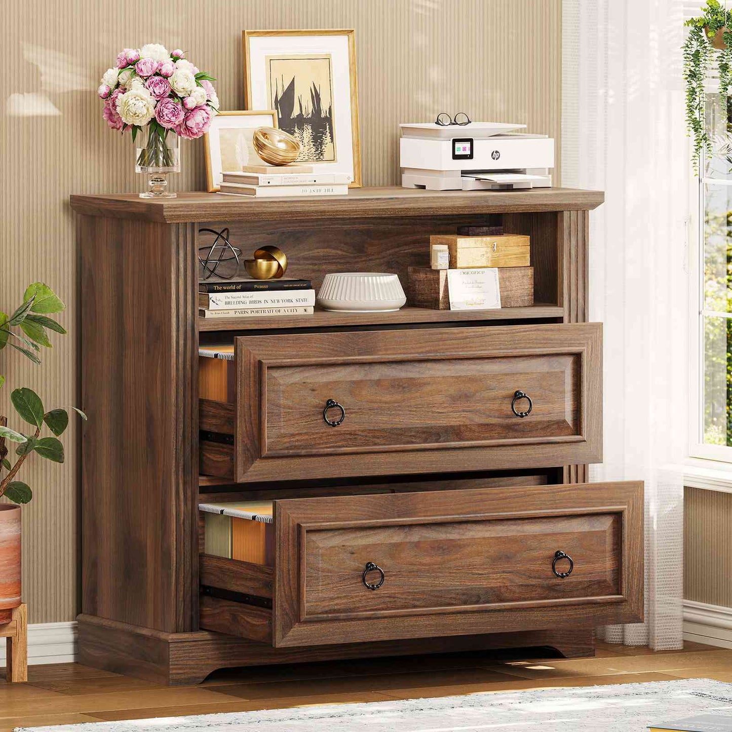 Itaar | 2 Drawer File Cabinet Farmhouse Filing Cabinet for Home Office Fits Letter Legal A4 Size Wood Lateral File Cabinet with Printer Stand