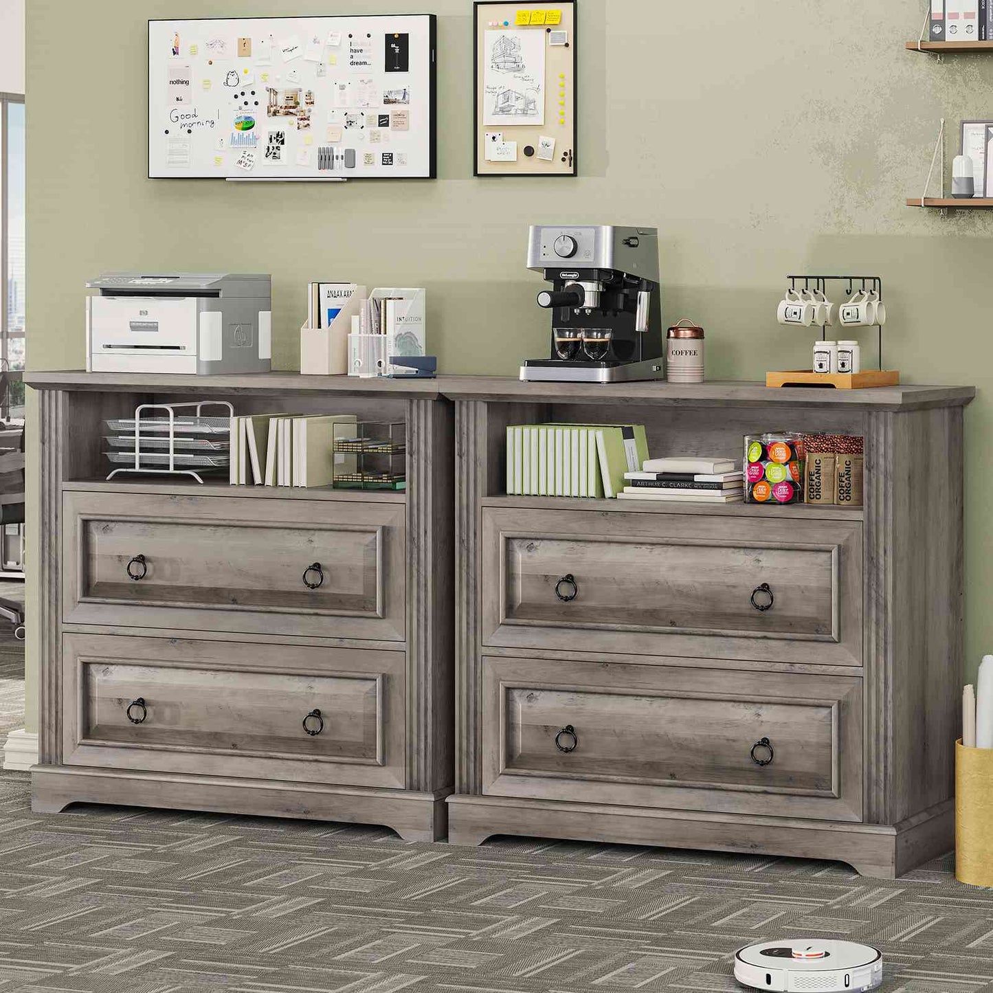 Itaar | 2 Drawer File Cabinet Farmhouse Filing Cabinet for Home Office Fits Letter Legal A4 Size Wood Lateral File Cabinet with Printer Stand