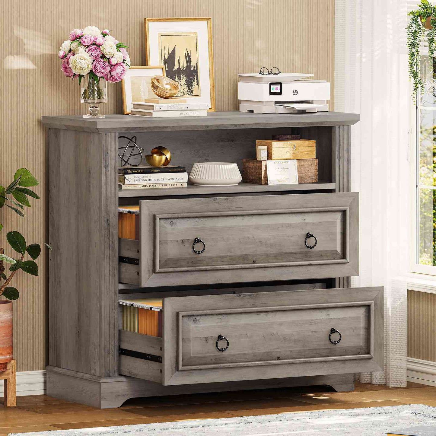 Itaar | 2 Drawer File Cabinet Farmhouse Filing Cabinet for Home Office Fits Letter Legal A4 Size Wood Lateral File Cabinet with Printer Stand