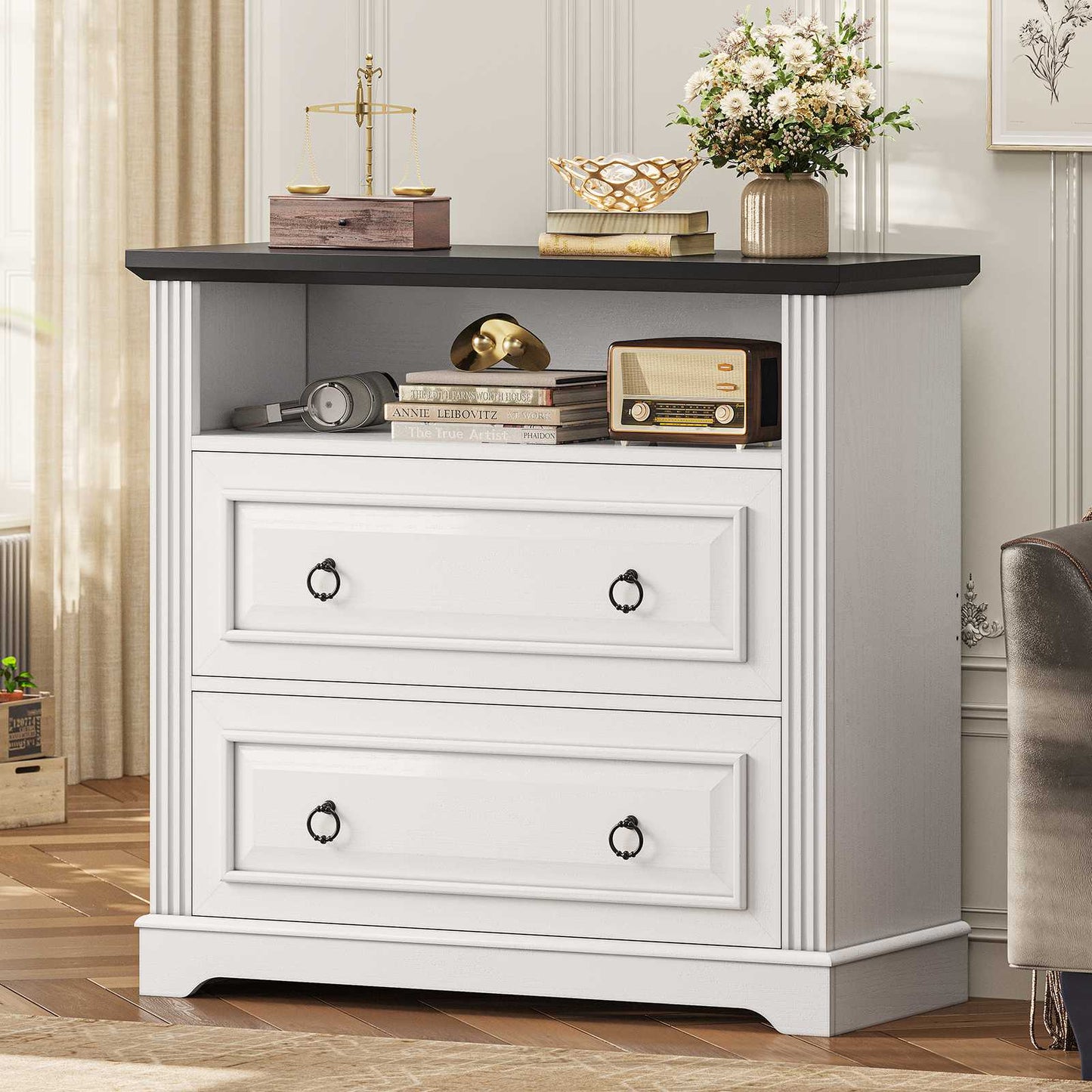 Itaar | 2 Drawer File Cabinet Farmhouse Filing Cabinet for Home Office Fits Letter Legal A4 Size Wood Lateral File Cabinet with Printer Stand